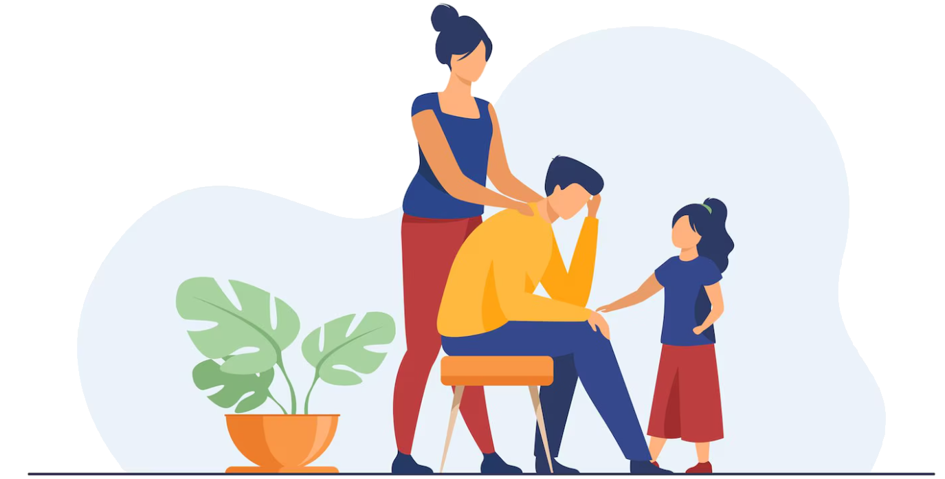 Illustration d'un père fatigué avec sa femme et sa fille.